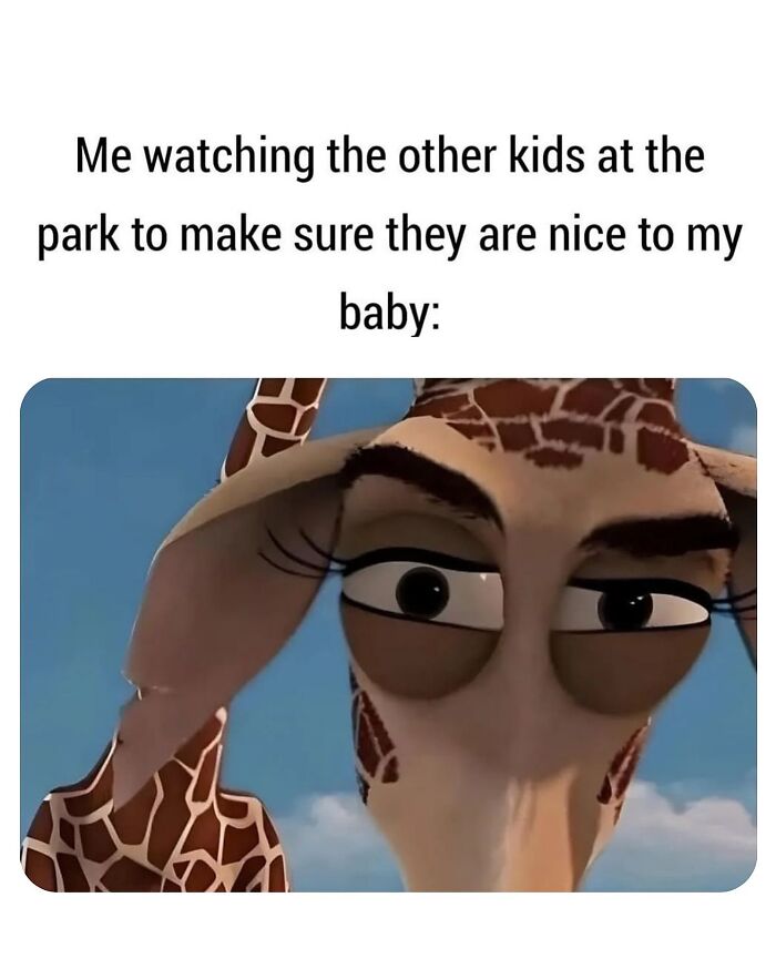 Cartoon giraffe with intense eyes represents parenting vigilance and the chaos of caring for a baby in public spaces.