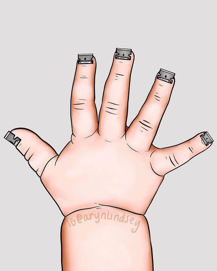 Illustration of a hand with razor blades as fingernails representing the chaos and challenges of parenting.