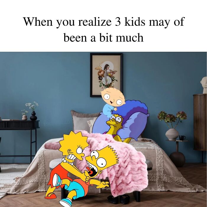 Cartoon characters in chaotic parenting scene highlighting love, laundry, and sleep struggles in home setting.