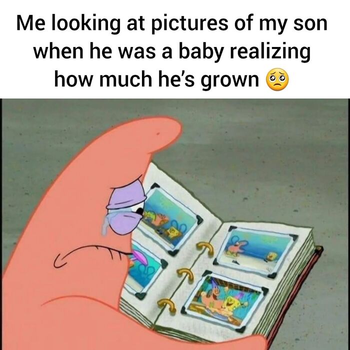 Cartoon character Patrick looking sadly at a photo album, reflecting on parenting challenges filled with love and chaos.