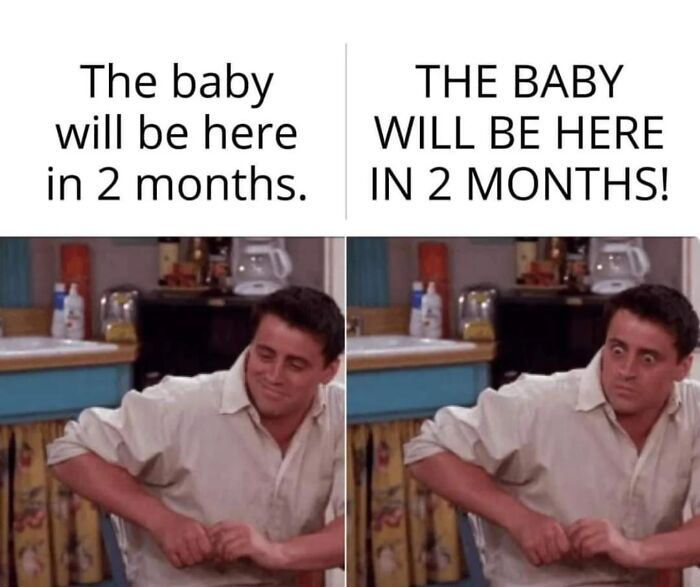 Man showing calm then shocked expression, illustrating parenting chaos and emotional rollercoaster before baby's arrival.