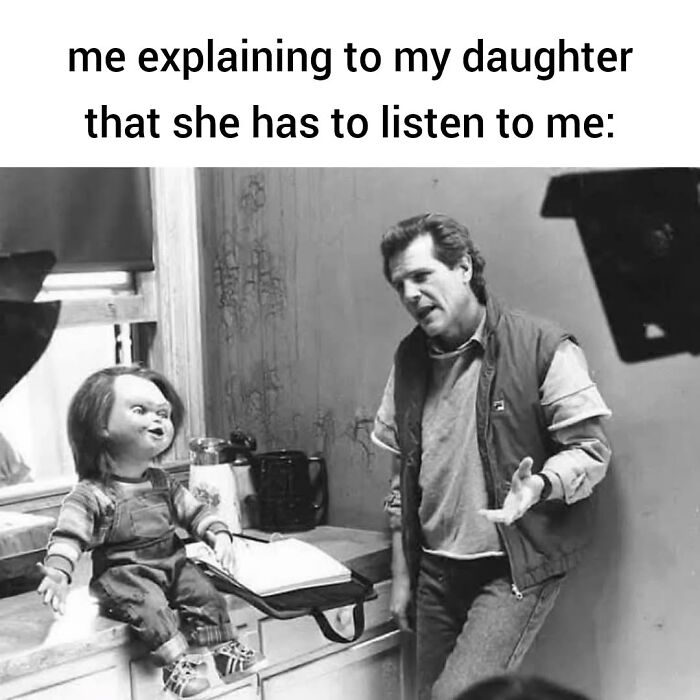 Parent explaining to daughter in a humorous parenting moment showing 50% love 50% laundry and 100% chaos.