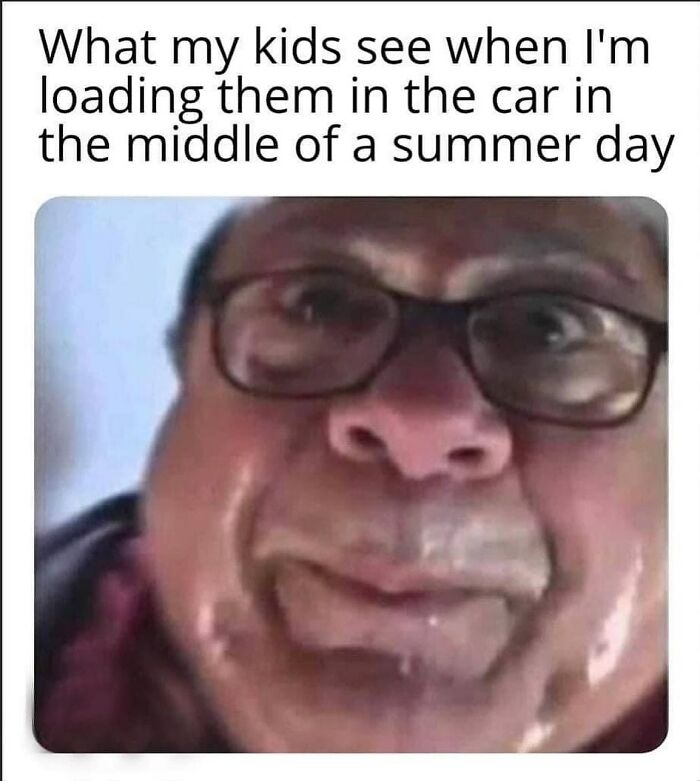 Close-up of a sweaty man’s face with glasses, illustrating parenting chaos and challenges during summer car rides.