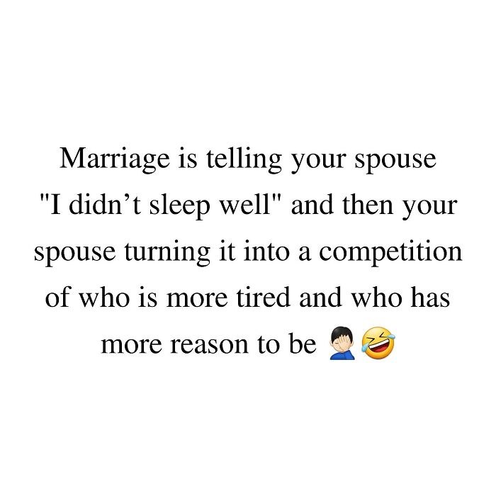 Parenting meme about sleep deprivation and spouse competition highlighting love, laundry, chaos, and no sleep in family life.