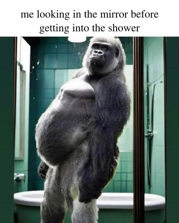 Humorous parenting meme showing a gorilla looking in the bathroom mirror, highlighting 50% love, 50% laundry chaos.