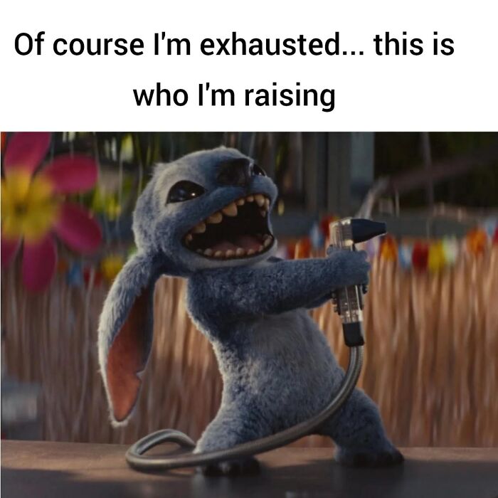 Exhausted parent humor featuring chaotic child with a hose, highlighting love and chaos in parenting memes.