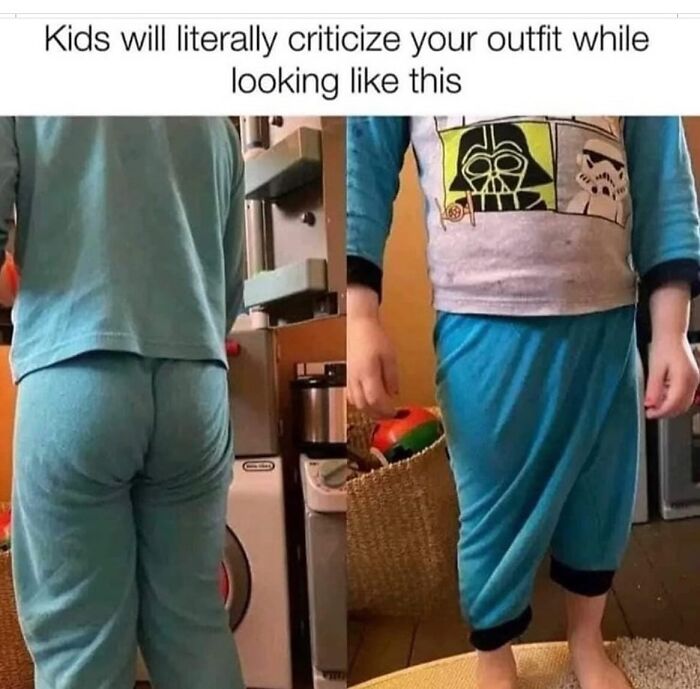 Child wearing mismatched pajamas inside a home, illustrating parenting chaos and relatable laundry challenges.