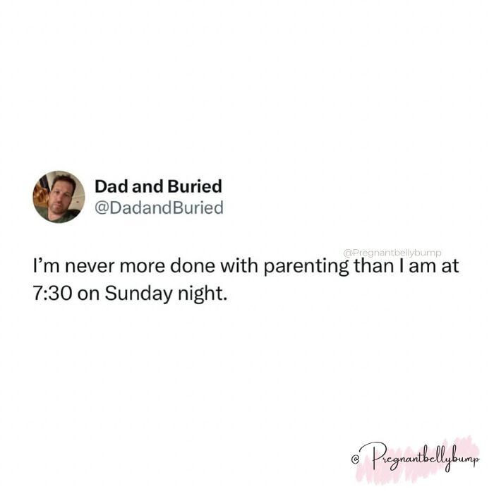 Parenting meme showing a tweet about exhaustion at 7:30 Sunday night, highlighting chaos and no sleep.