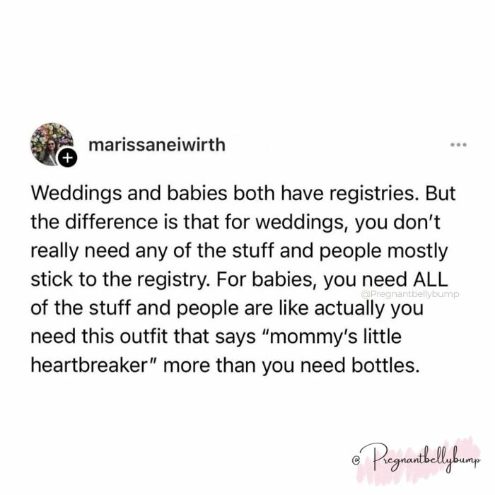 Social media post humor about parenting chaos and baby registries, highlighting love and laundry realities.