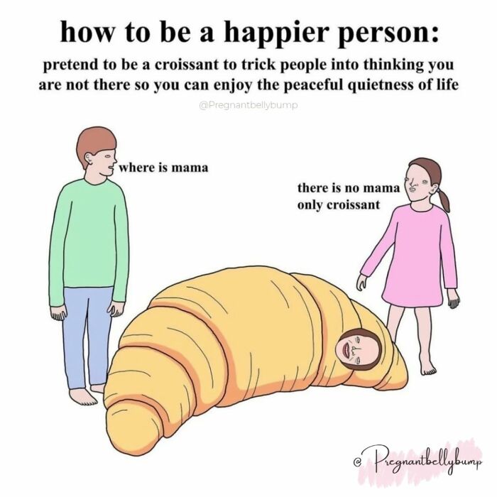 Parent wrapped in croissant costume while kids ask about mama, illustrating parenting humor and chaos.