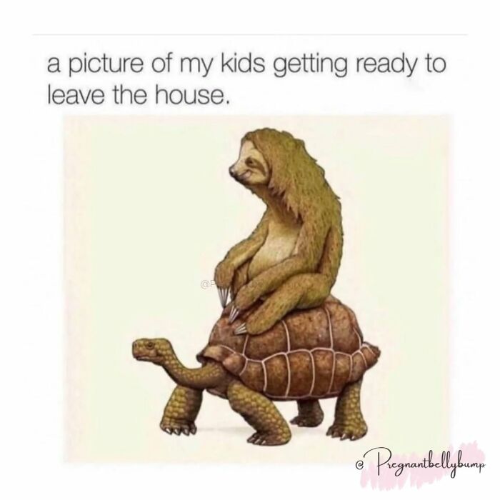 Funny parenting meme showing a sloth riding a turtle, illustrating slow kids getting ready to leave the house chaos.