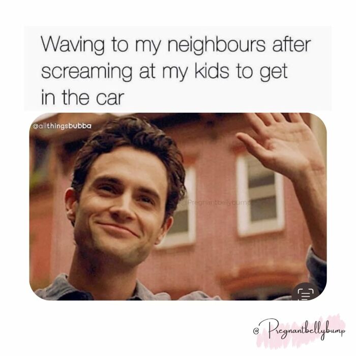 Man smiling and waving to neighbors after yelling at kids, illustrating parenting chaos and love in daily life.