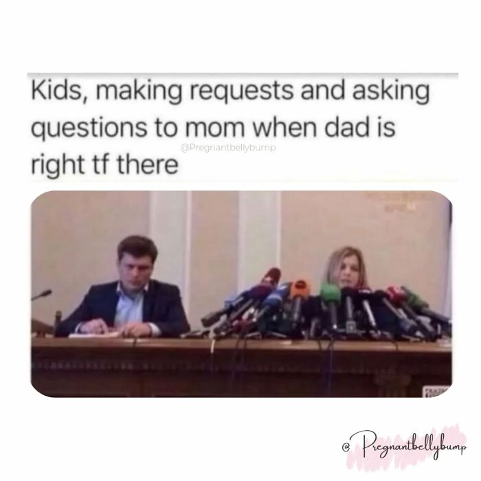 Parenting meme showing mom bombarded with questions while dad sits quietly, highlighting 50% love and 100% chaos.