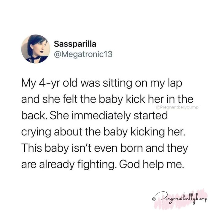 Tweet from a parent sharing funny chaos of children fighting even before baby is born, highlighting parenting challenges.