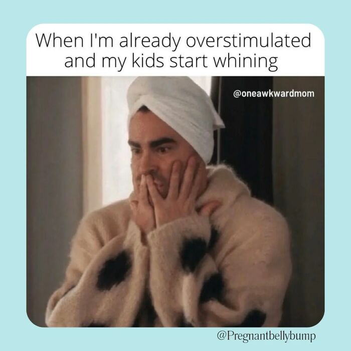 Man wrapped in towel and cozy sweater looking stressed, illustrating parenting chaos with kids whining and overstimulation.