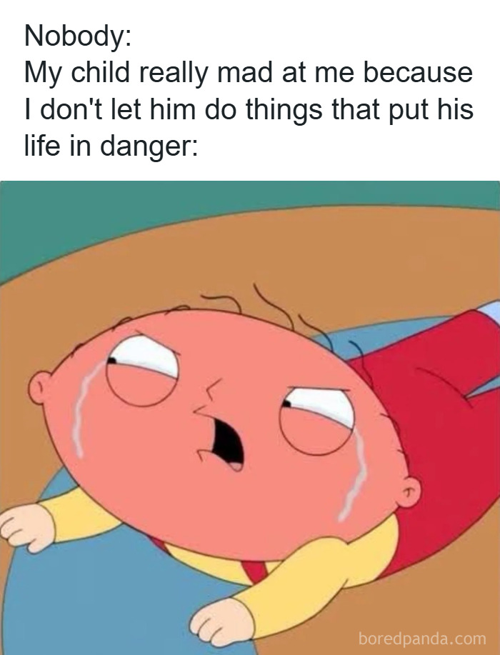 Crying cartoon child angry at parent for not allowing risky behavior, illustrating chaos and challenges of parenting memes.
