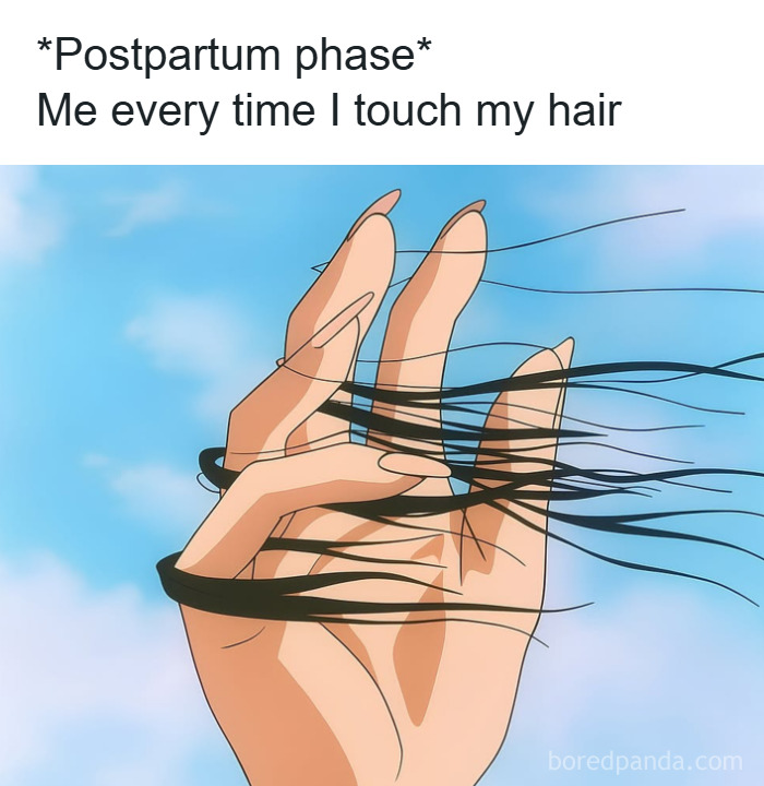 Hand holding strands of hair falling out during postpartum phase, illustrating parenting challenges with love and chaos.