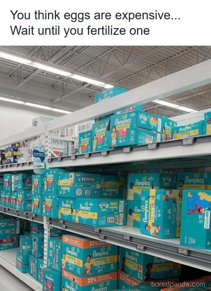 Store shelves stocked with numerous Pampers diapers illustrating parenting chaos and expenses in daily life.
