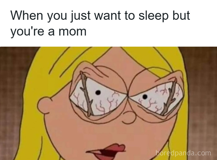 Tired mom with bloodshot eyes illustrating the chaos and lack of sleep in parenting life.