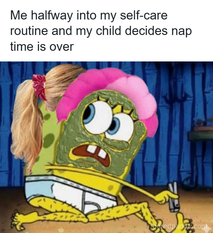 SpongeBob meme showing chaotic parenting moments with humor, highlighting love, laundry, chaos, and no sleep realities.
