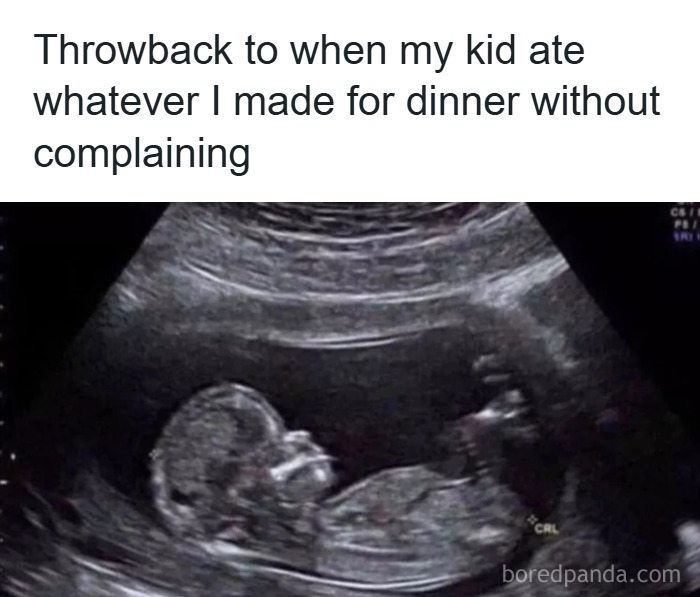 Ultrasound image humorously captioned about parenting love and chaos with kids eating dinner without complaints.