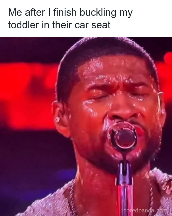 Man sweating heavily and singing into a microphone, representing the chaos and challenges of parenting life.