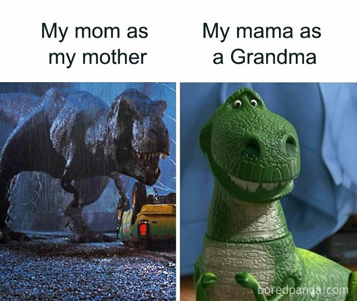 Memes showing parenting chaos with a fierce dinosaur as a mom and a gentle toy dinosaur as a grandma.