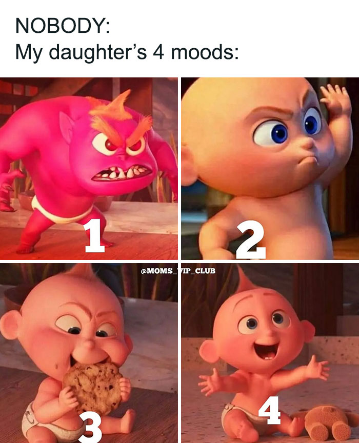Four animated baby moods showing emotions from angry red monster to happy baby with toy, illustrating parenting chaos and love.