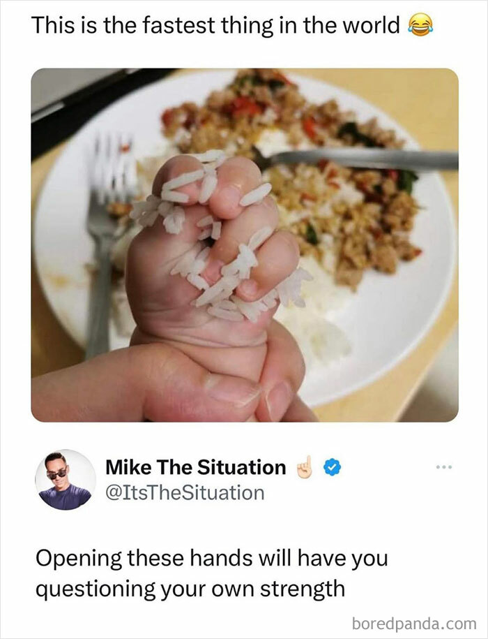Child's clenched hand grabbing rice with caption highlighting parenting chaos and strength in a humorous meme.