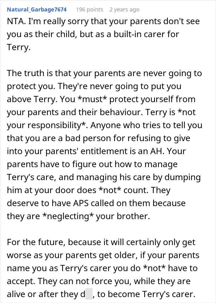 Screenshot of a Reddit comment discussing setting boundaries about disabled brother&rsquo;s care and family responsibility issues.