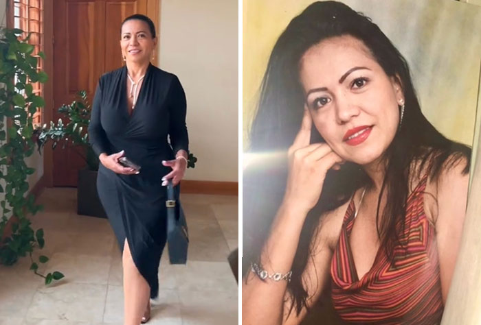 Woman showing confidence and style in a black dress, highlighting cooler and hotter parents kids admire.