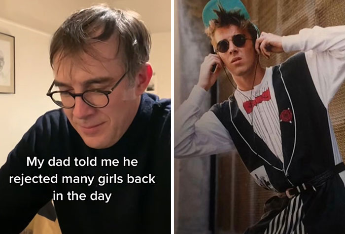 Dad sharing stories while son listens to music in retro outfit, highlighting kids realizing their parents were cooler and hotter.