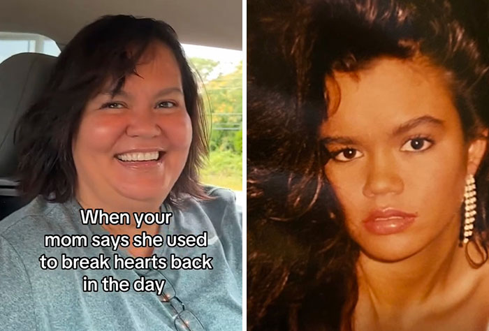 Smiling woman today and glamorous younger photo showing kids realizing their parents are cooler and hotter.