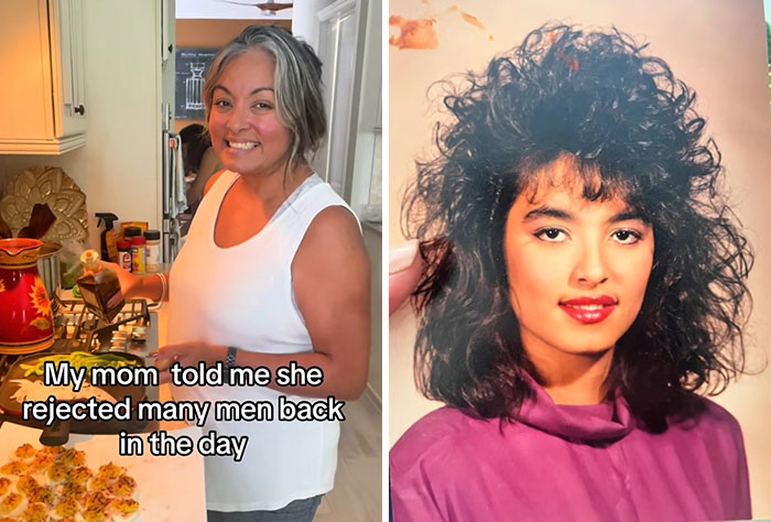 Mom cooking in kitchen smiling next to a vintage photo showing kids realizing their parents were cooler and hotter.