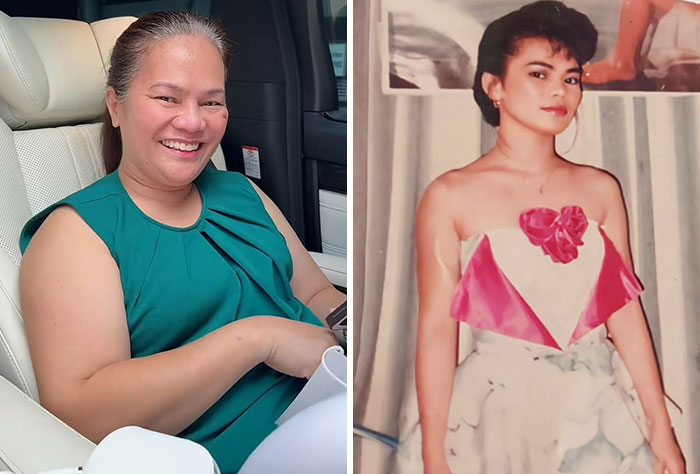 Smiling woman today and younger photo wearing dress, showing kids realizing their parents are cooler and hotter.