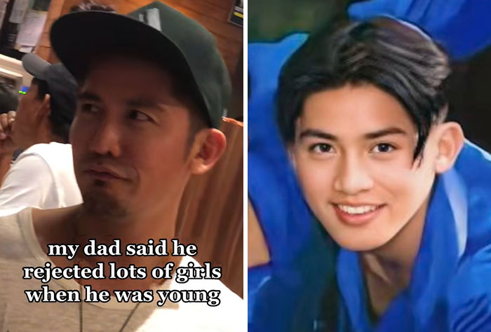 Man in a baseball cap recalling rejecting girls when young, alongside a young man smiling, showing cooler and hotter parents realization.