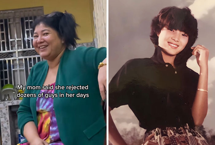 Side-by-side photos showing a woman smiling today and a vintage portrait of her looking cool and confident, highlighting cooler parents.