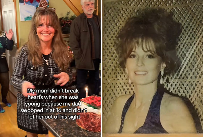Side-by-side photos of a woman smiling at a party and her younger self, showing kids realizing their parents are cooler and hotter.