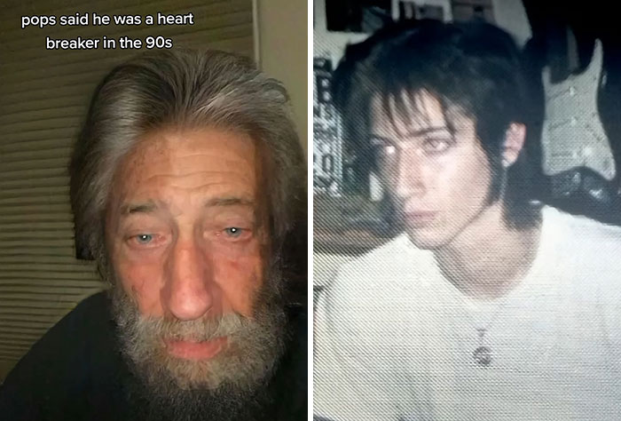 Side-by-side photos of a man now and in the 90s showing a cool and hotter look, highlighting kids realizing parents' style.