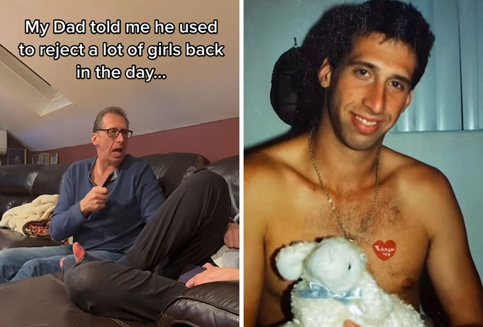 Middle-aged man sharing a story on a couch next to a vintage photo of a younger, shirtless cool and attractive dad.