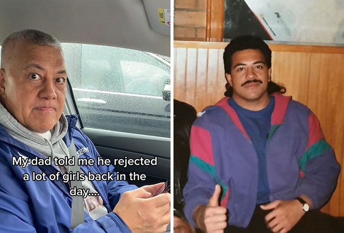 Side-by-side photos showing a dad with a playful expression and a younger version of him looking cool and confident, highlighting parents cooler and hotter than kids.