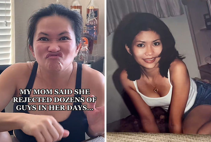 Side-by-side images showing a mom making a funny face and a younger photo highlighting kids realizing their parents are cooler and hotter.