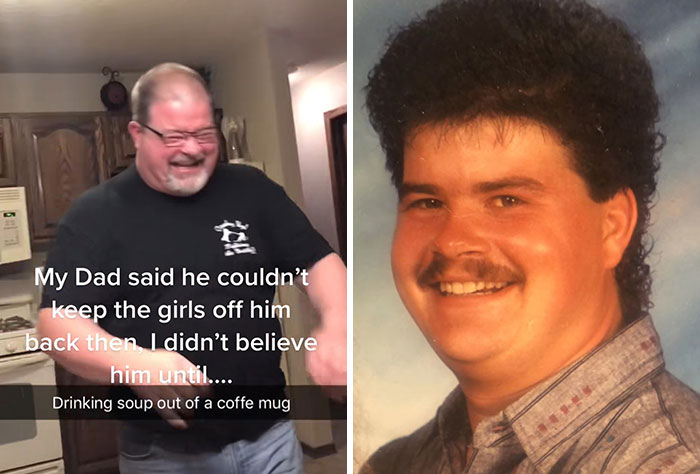 Side-by-side images of a dad in the present and younger years, showing kids realizing their parents are cooler and hotter.