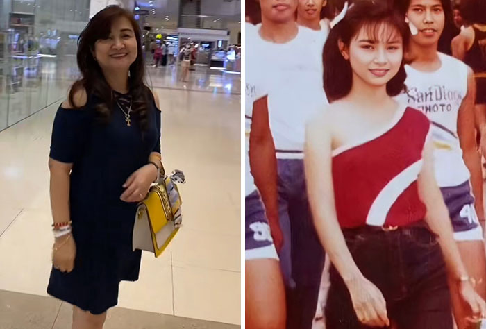 Mujer adulta sonriente con vestido azul y bolso amarillo comparado con su foto de juventud impactando a sus hijos.