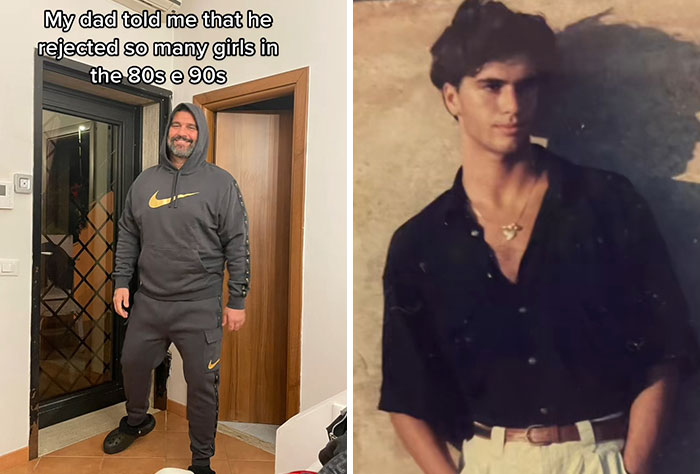 Man in gray Nike tracksuit standing indoors next to vintage photo of his cooler and hotter parent from the 80s or 90s.