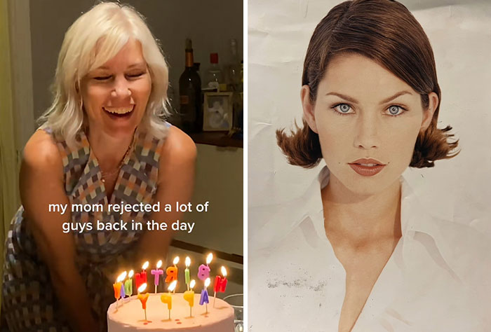 Smiling woman celebrating birthday with cake next to vintage portrait highlighting cooler, hotter parents realization.