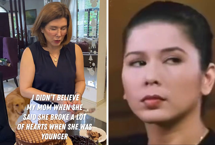 Woman celebrating with cake and text about kids realizing their parents are cooler and hotter than them.