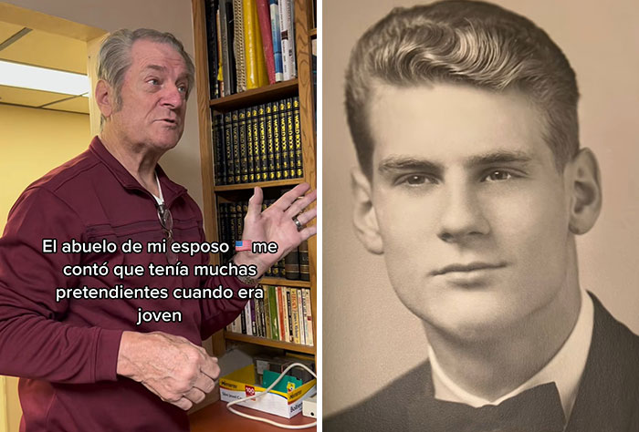 Hombre mayor hablando frente a una foto antigua de joven en blanco y negro, sorprendiendo con fotos de juventud.