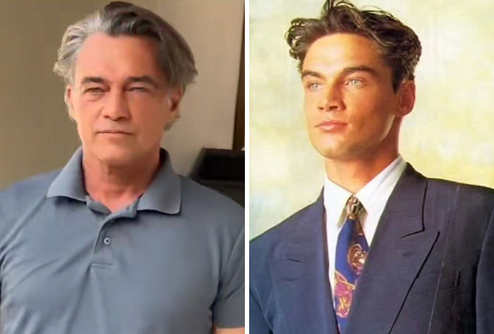 Hombre mayor y su foto joven en traje elegante, mostrando contraste generacional y sorpresa a sus hijos con fotos antiguas.