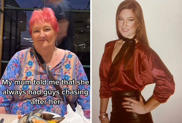 Side-by-side photos showing a mom looking cool and a younger stylish woman, highlighting kids realizing their parents are cooler.